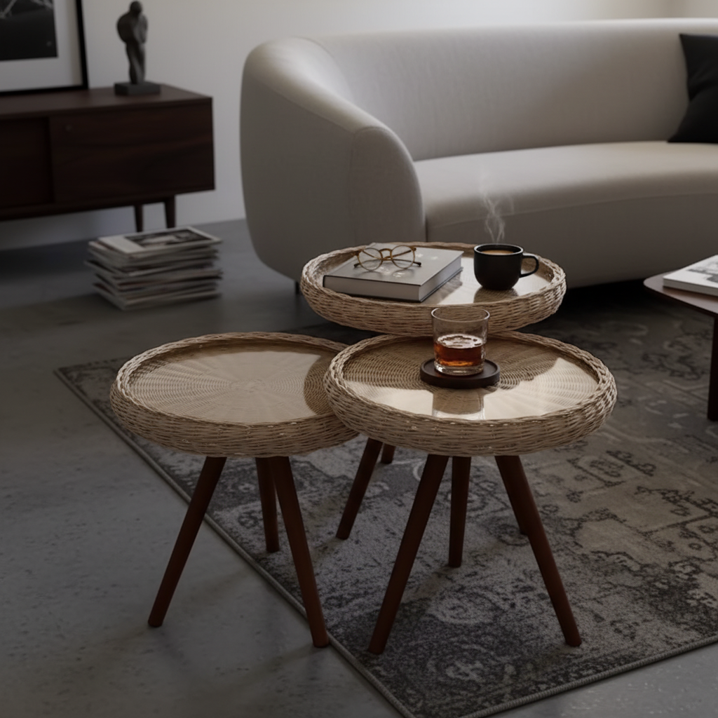 Rattan Bambu 3 Ayaklı Sehpa (El Yapımı)