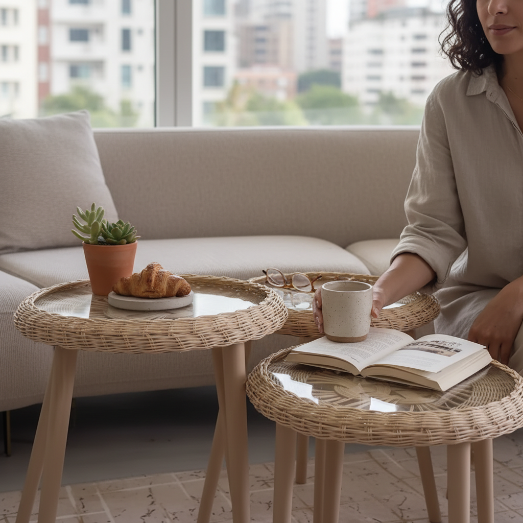 Rattan Bambu Sehpa 4 Ayaklı (El Yapımı)